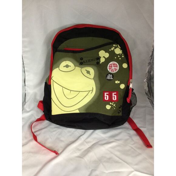 DISNEY MUPPETS KERMIT THE FROG 55 “I’M A LOVER NOT A FIGHTER” GREEN RED BACKP - Picture 1 of 8